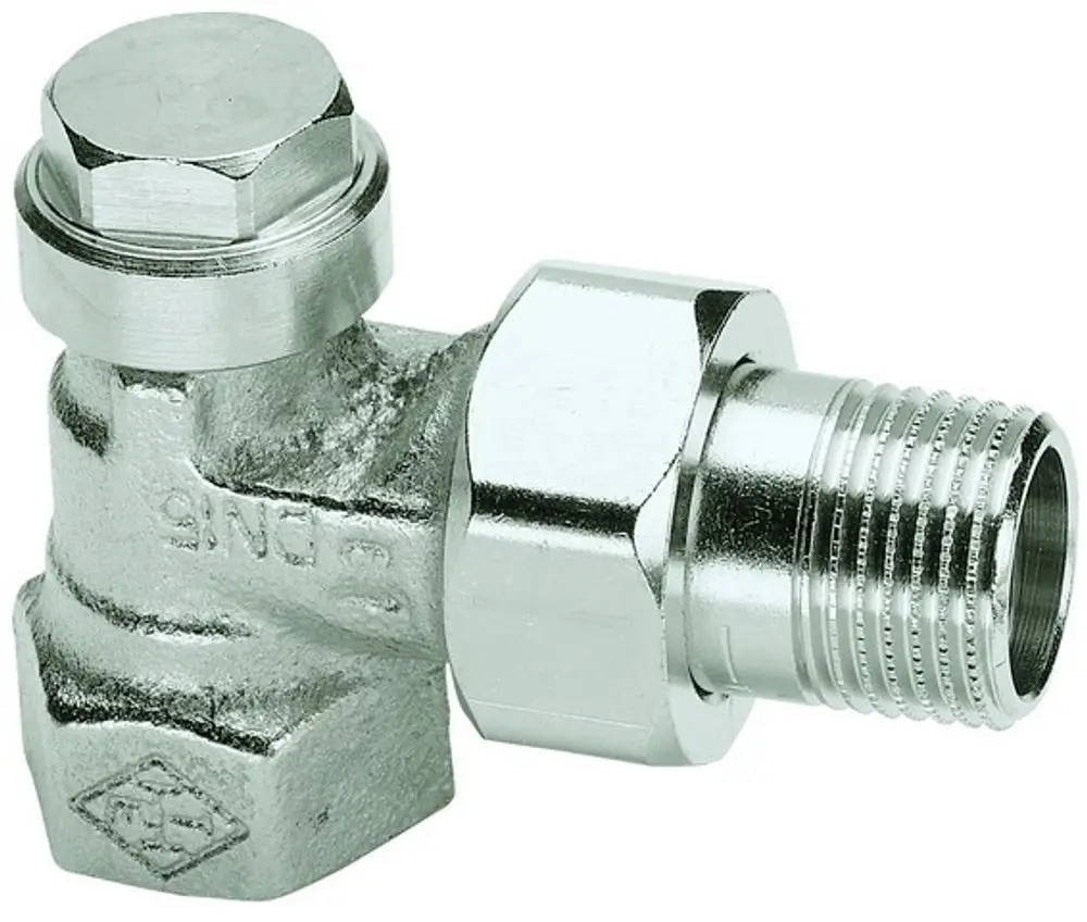 Metallene Verschraubung in Eckform, vernickelt, mit einer Gewindeverbindung. Produkt von IMI Hydronic Engineering, geeignet für verschiedene Rohrinstallationseinsätze.
